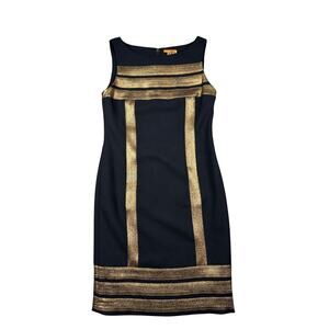 Tory Burch Women's Striped Sheath Dress Size 10 Black Gold Sleeveless